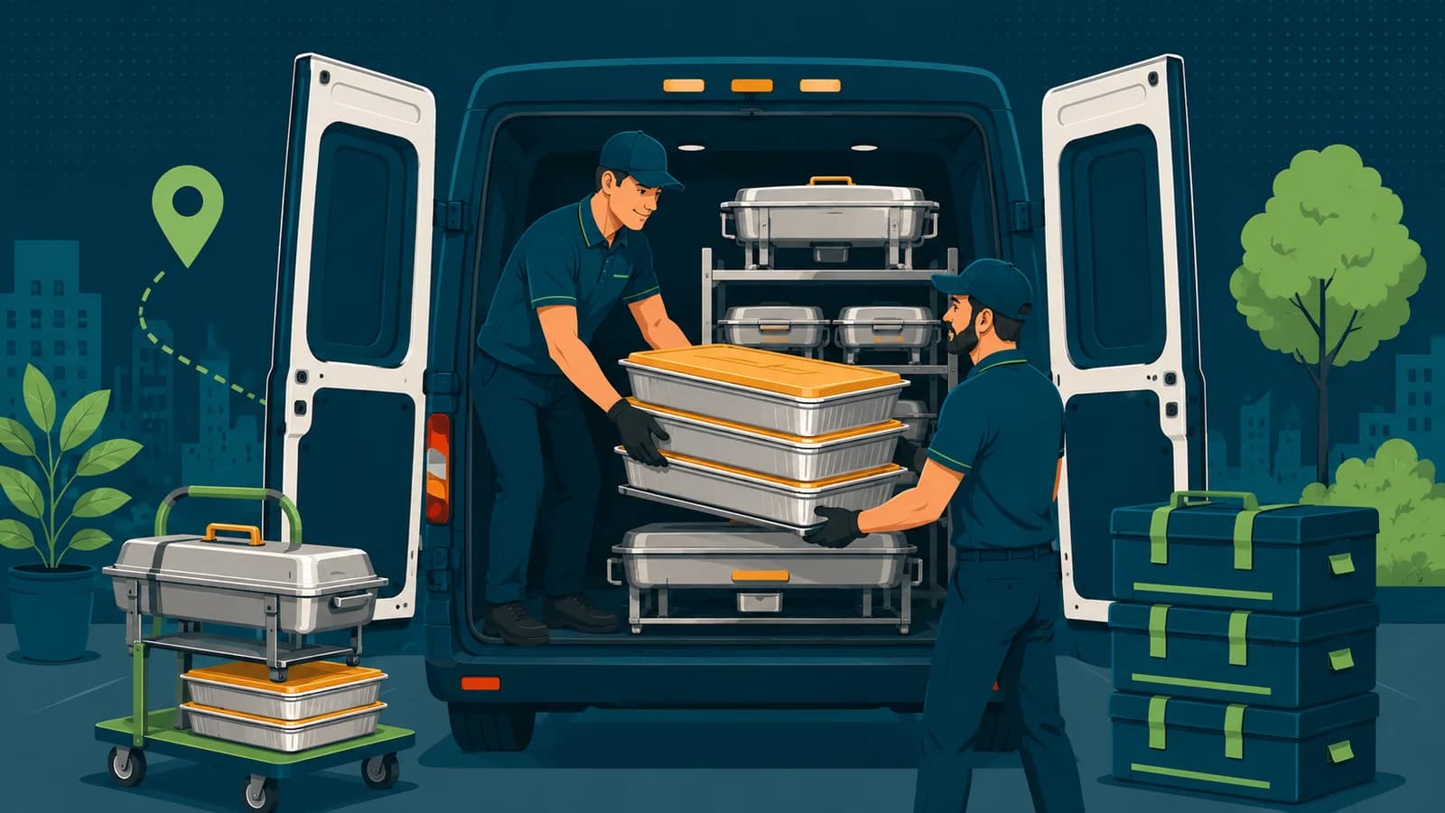 Illustration of catering trays and delivery vehicle