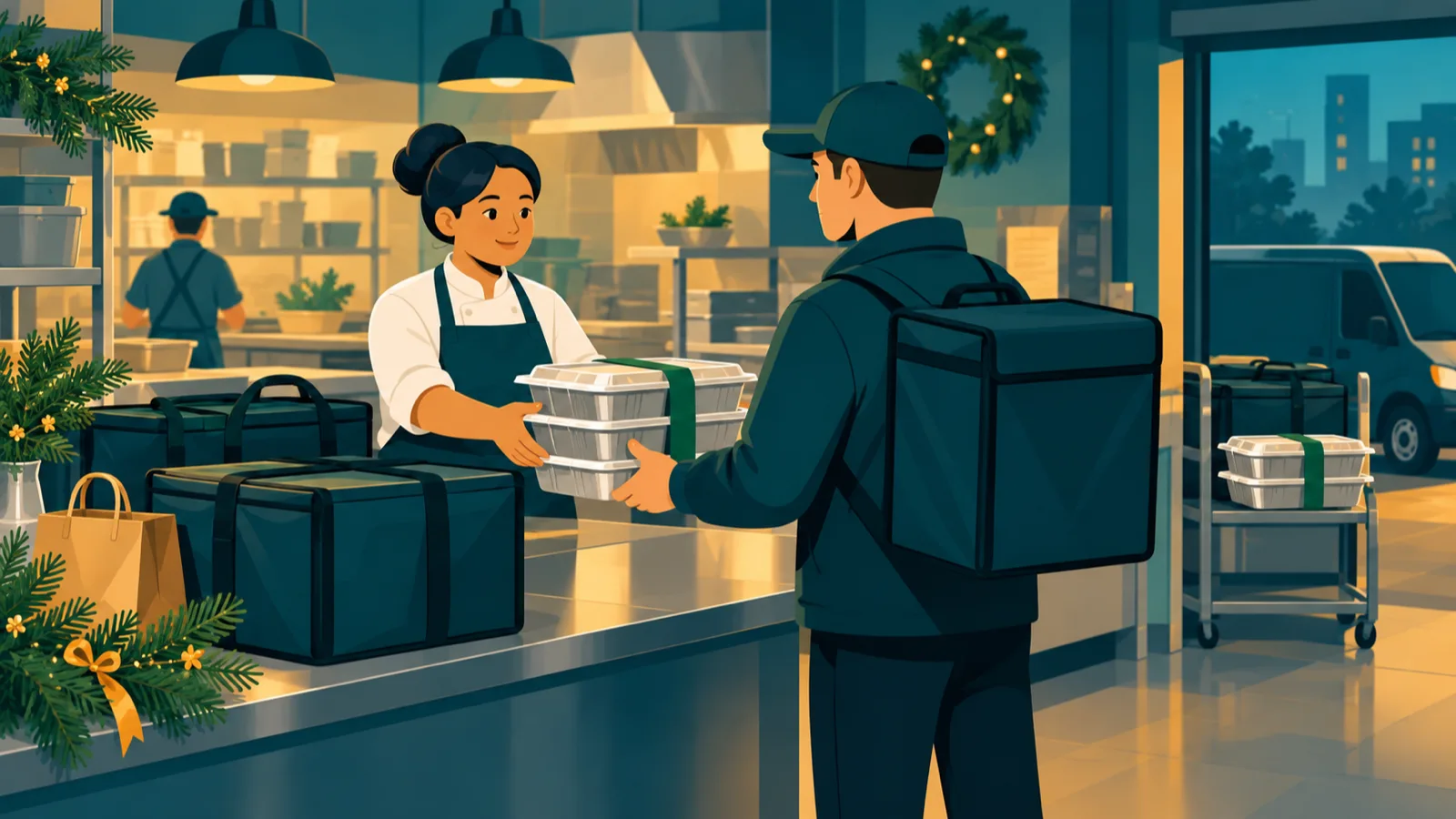 Caterer handing covered holiday catering trays to a delivery professional at a kitchen pickup counter