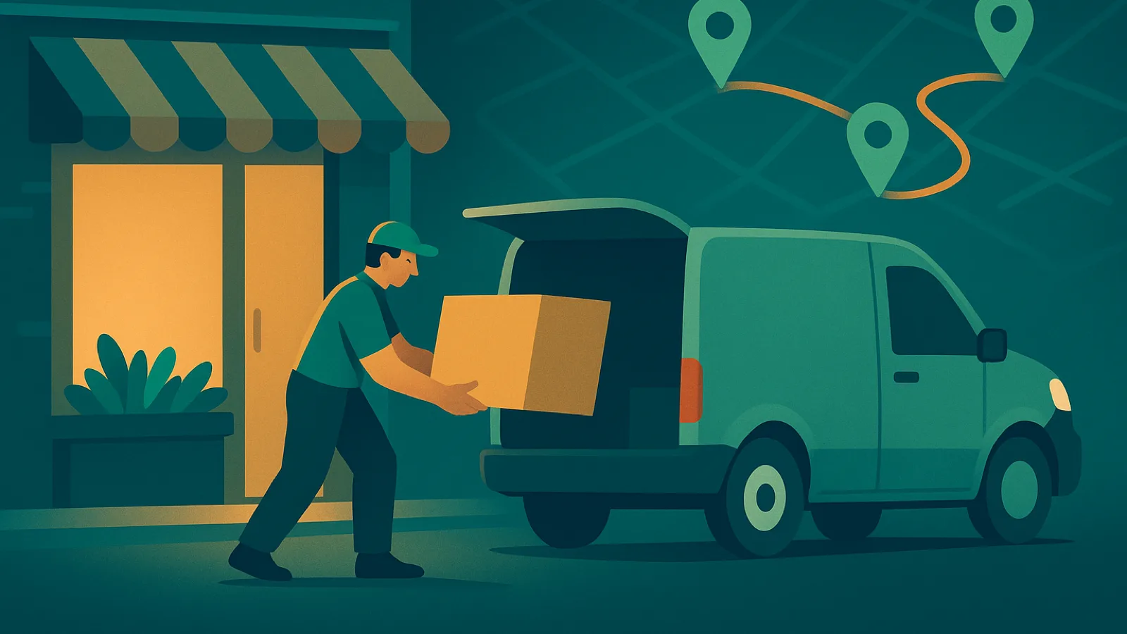A delivery driver loads a large box into the back of a van outside a lit local storefront, with route pins tracing a path across the sky above