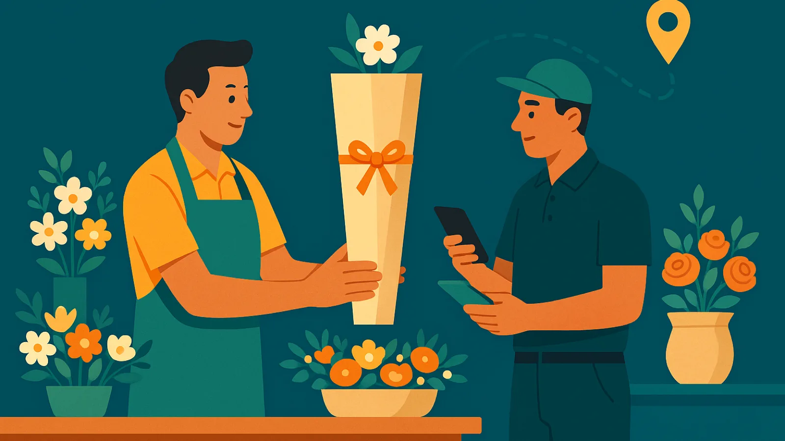 A florist in a green apron hands a paper-wrapped bouquet across the counter to a delivery driver checking his phone, with potted flowers on both sides and a route pin overhead