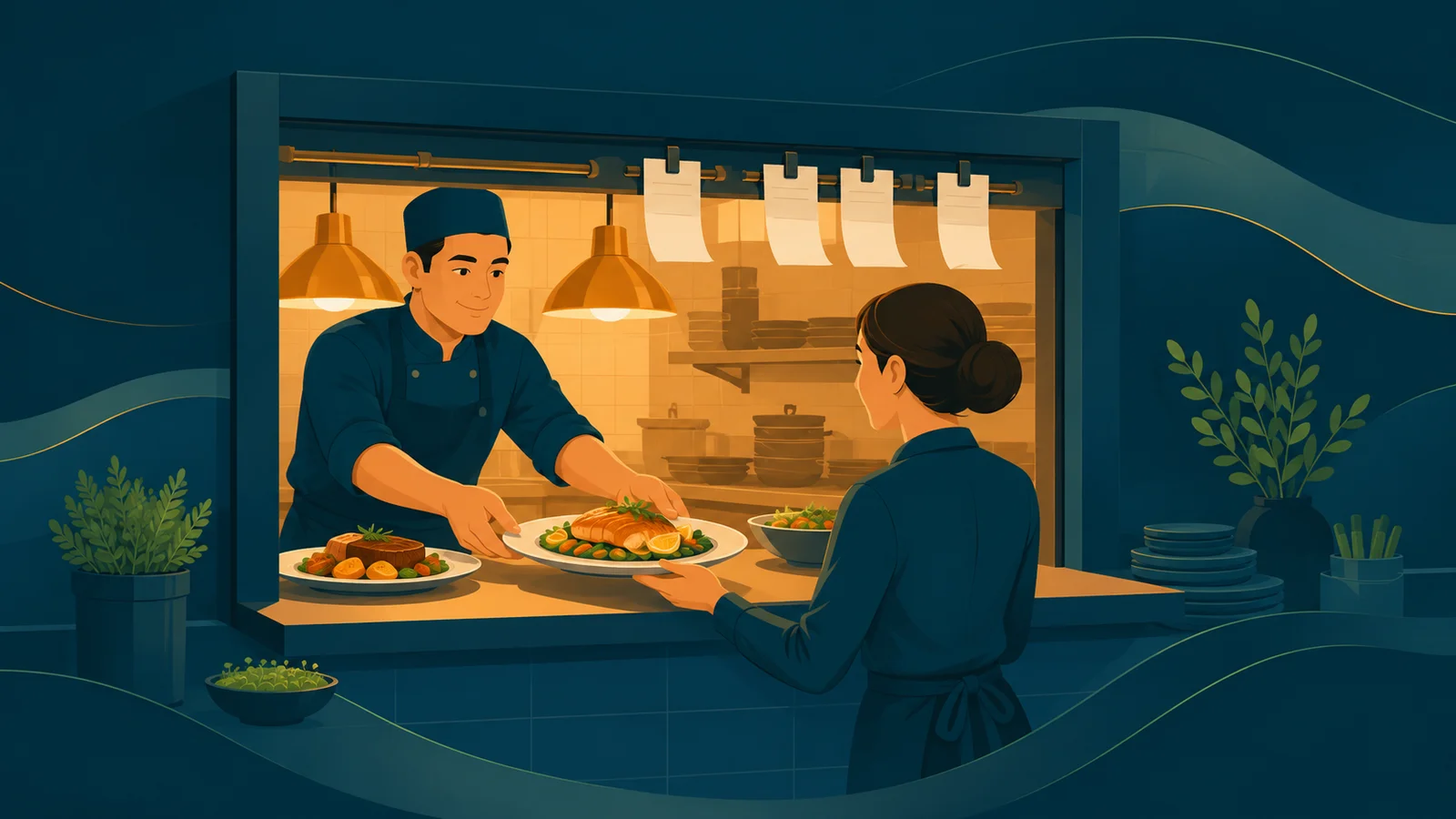 Illustration of restaurant kitchen and delivery coordination