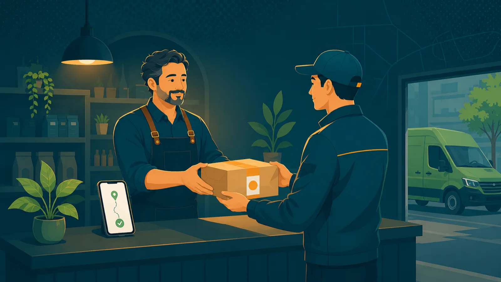 A shop owner in an apron hands a packaged order across the counter to a delivery driver, with a phone showing a delivery route and confirmation beside them