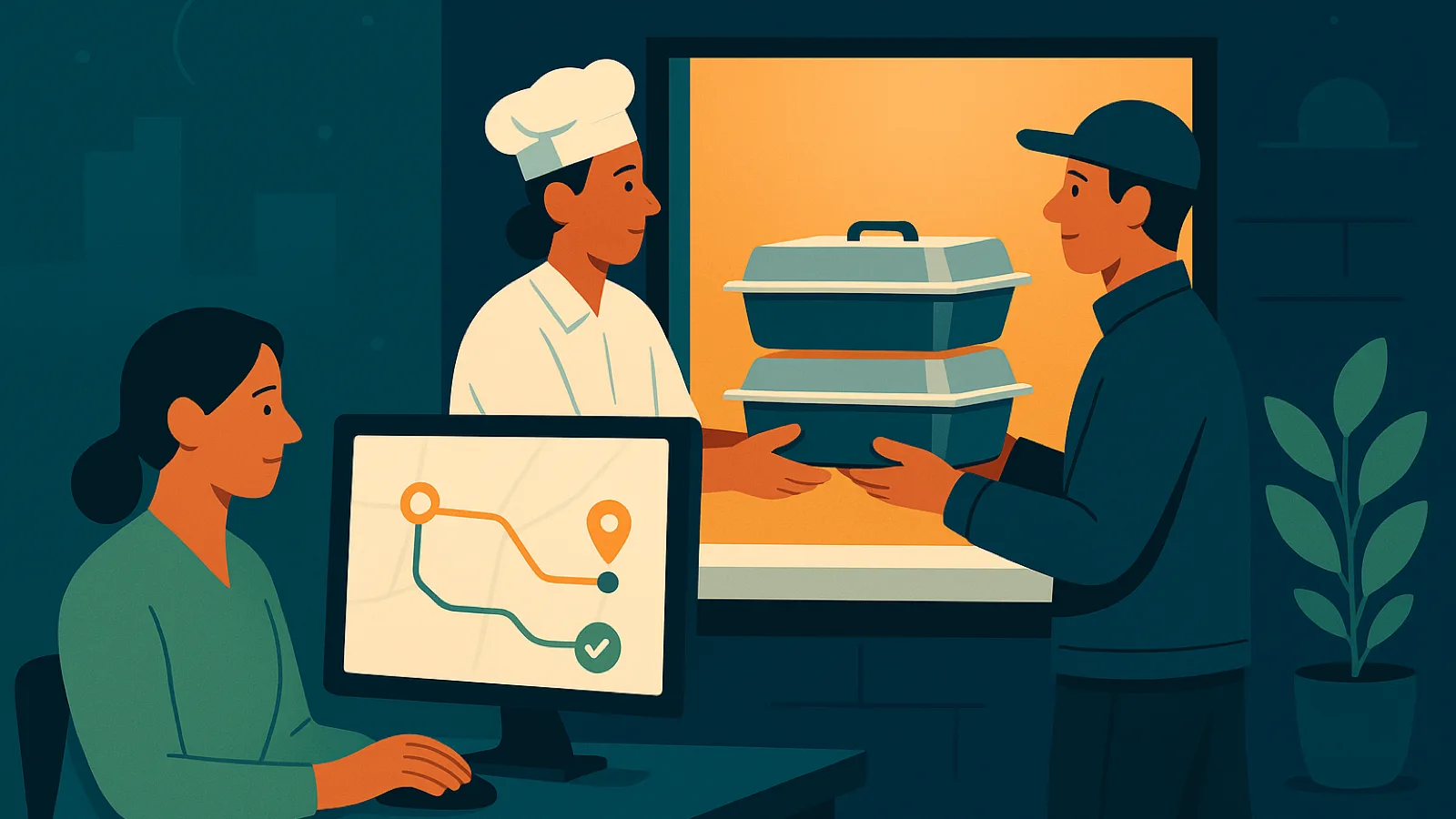 A chef passes two stacked catering containers through a kitchen pass window to a waiting delivery driver while a dispatcher watches the route on a monitor