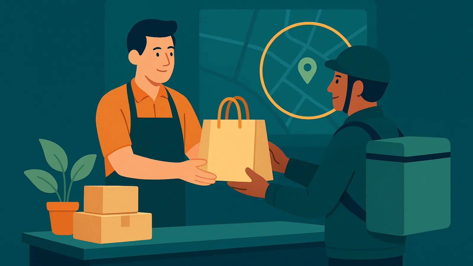 A shop owner in an apron hands a paper bag of goods to a courier with a delivery backpack, with packed boxes on the counter and a delivery radius map behind them