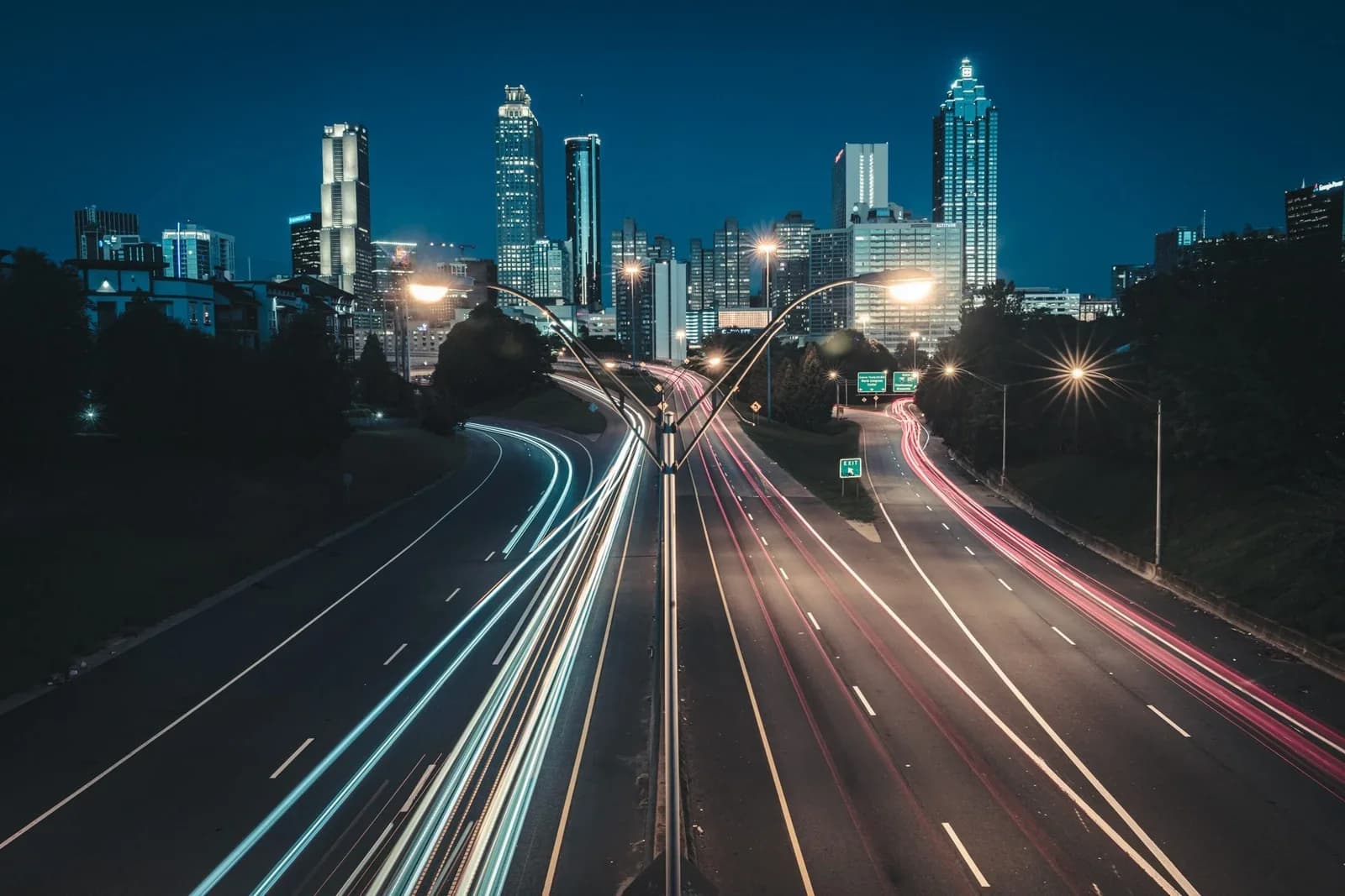 Atlanta skyline with downtown traffic at night