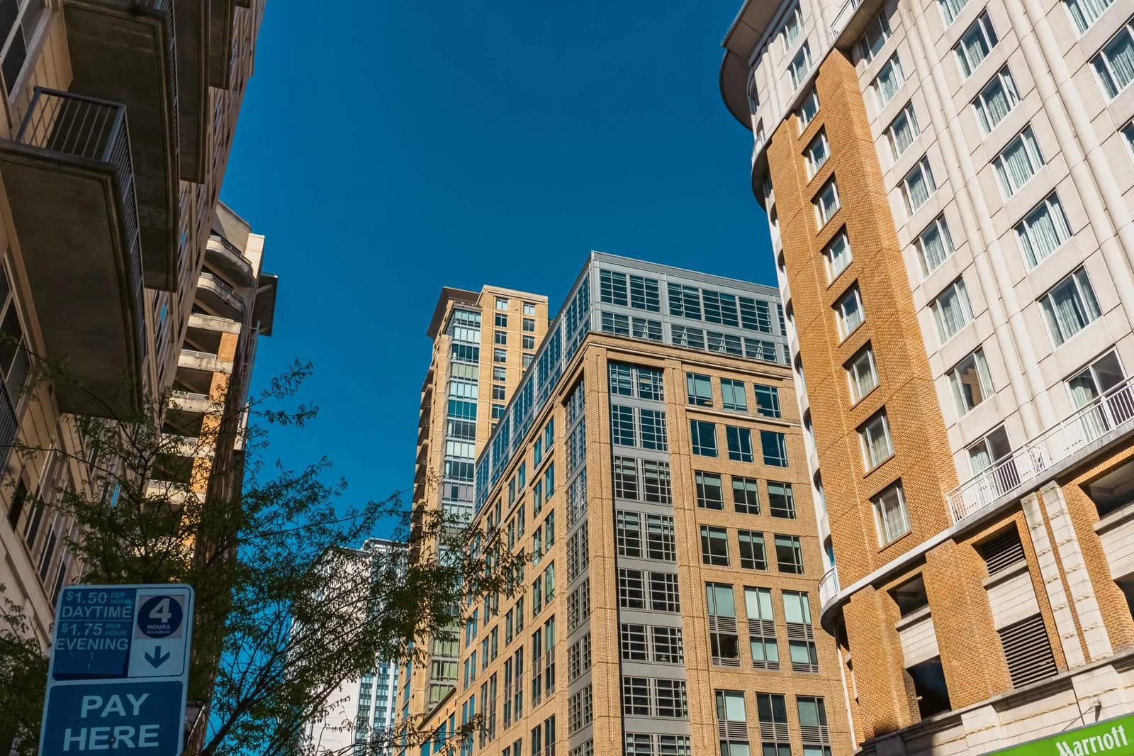 Mid-rise office and apartment buildings lining a downtown street under a clear blue sky