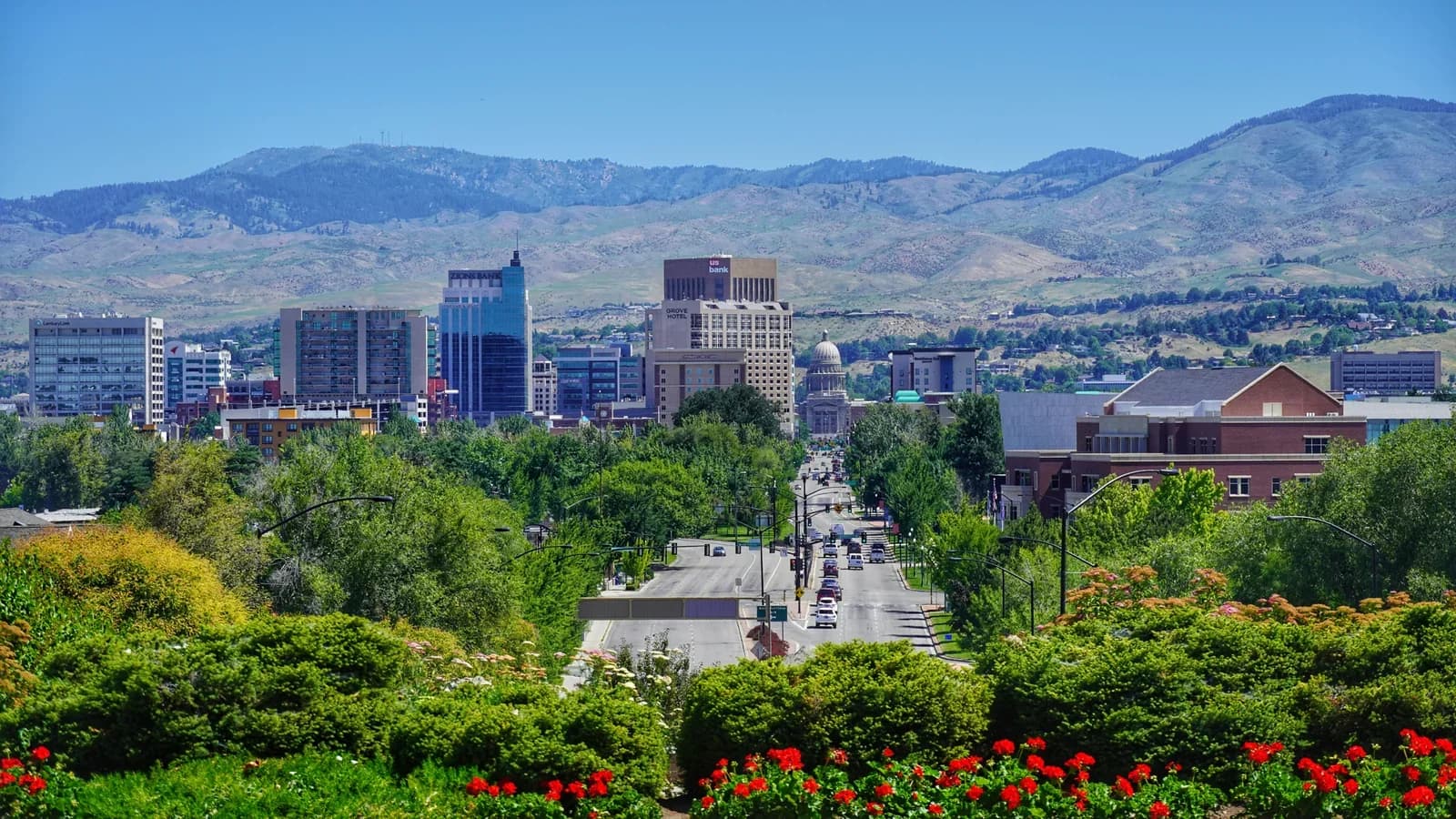 Boise Idaho downtown skyline with Capitol Boulevard and the Owyhee Mountains