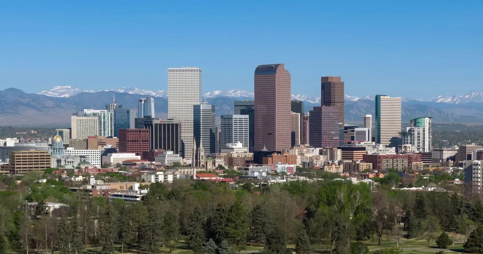 Denver, Colorado skyline with the Rocky Mountains in the background
