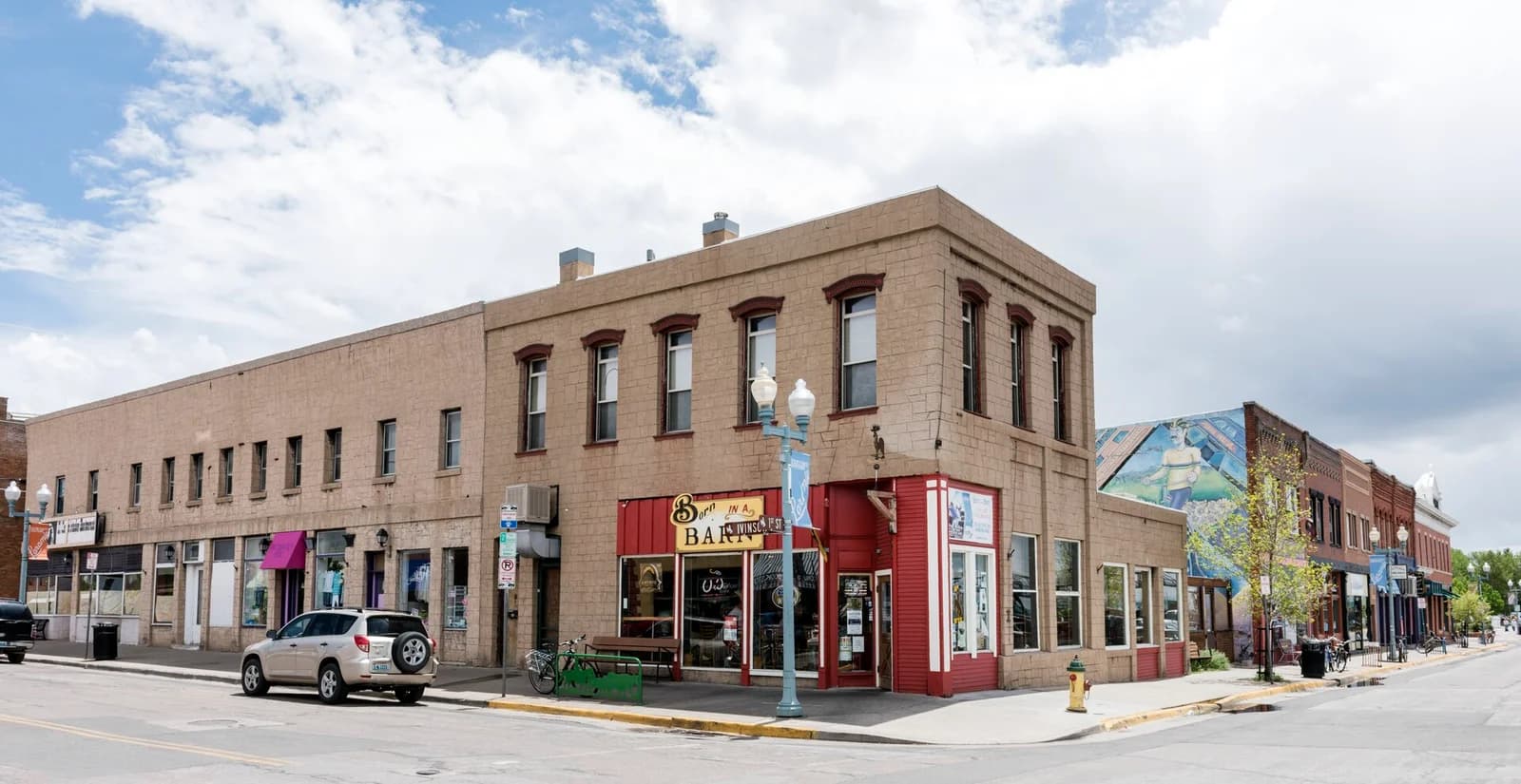 Historic storefronts on a downtown corner in Laramie, Wyoming