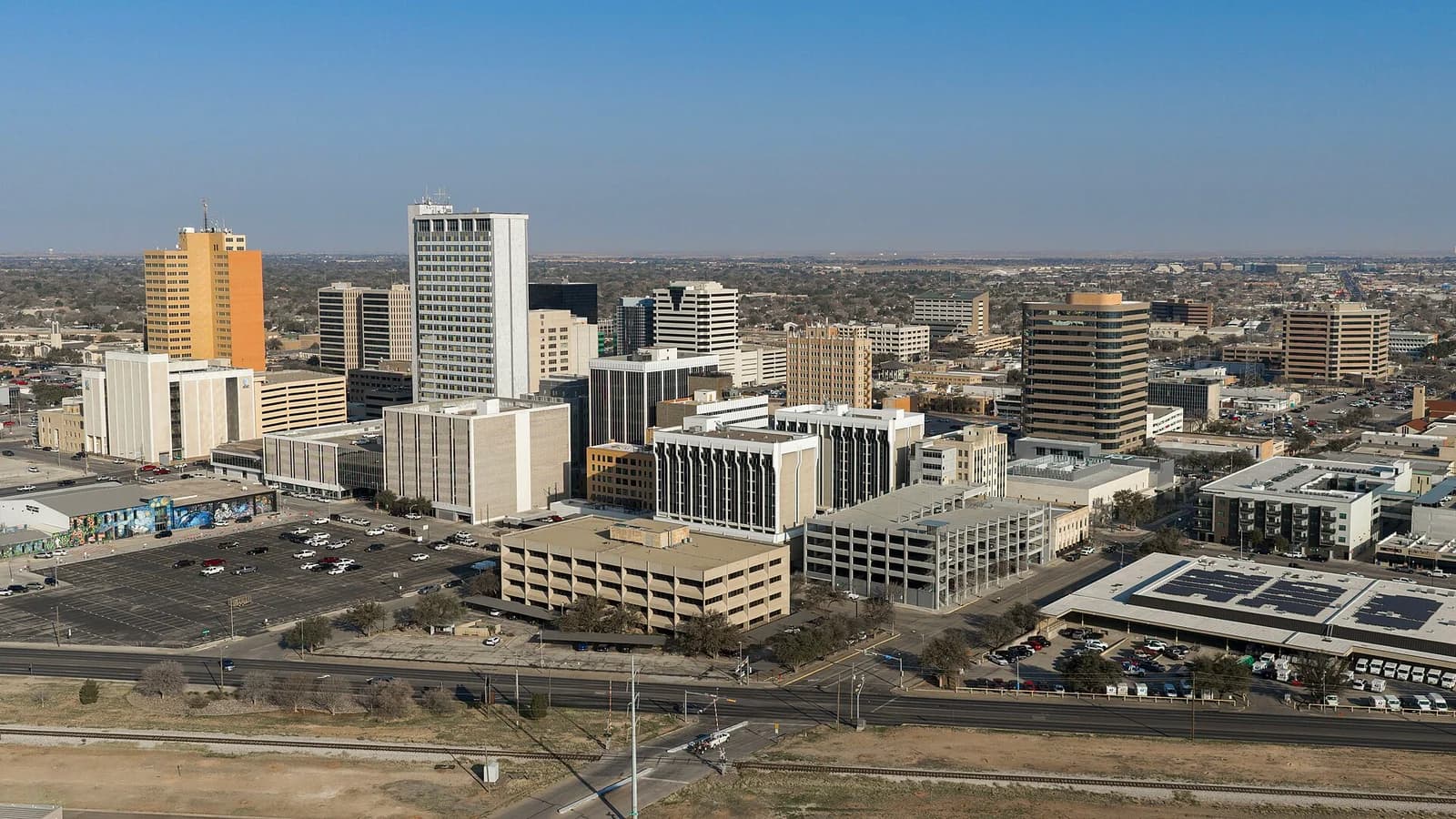 Aerial view of the downtown Midland, Texas office towers with the West Texas plain behind