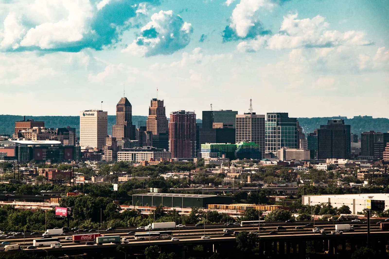 The Newark, New Jersey skyline with the Prudential Center and downtown high-rises