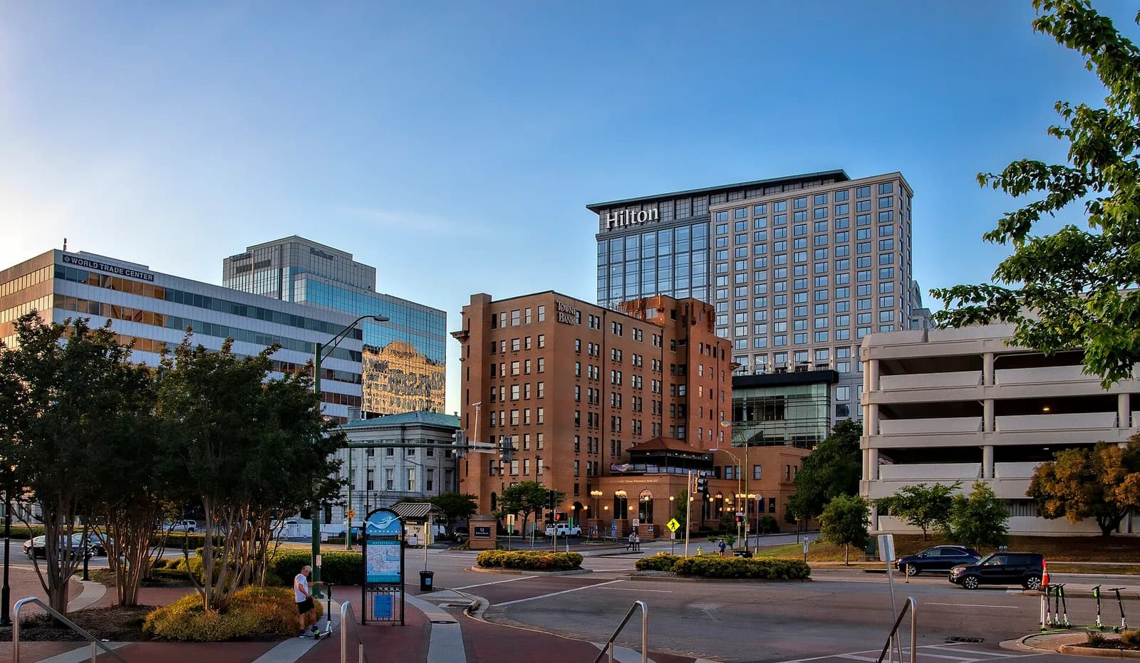 Downtown Norfolk, Virginia at dusk with the World Trade Center building and waterfront hotels