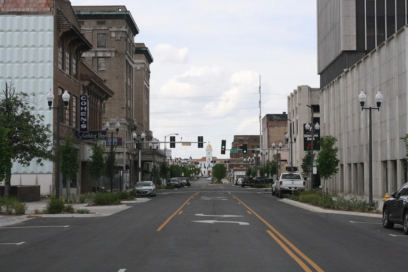 Main Street in downtown Pine Bluff, Arkansas looking toward the Jefferson County Courthouse