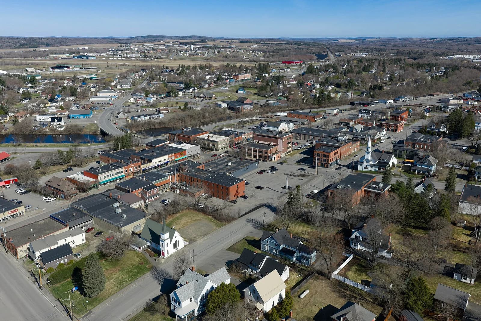 Aerial view of downtown Presque Isle, Maine and the surrounding Aroostook County farmland