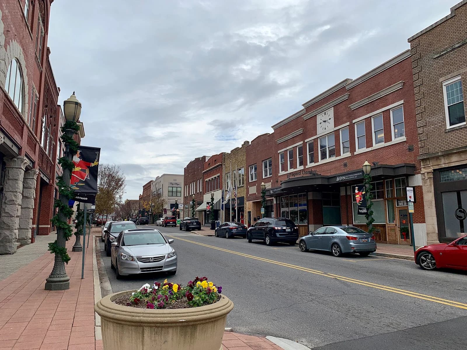 Main Street in Old Town Rock Hill, South Carolina with its brick storefronts
