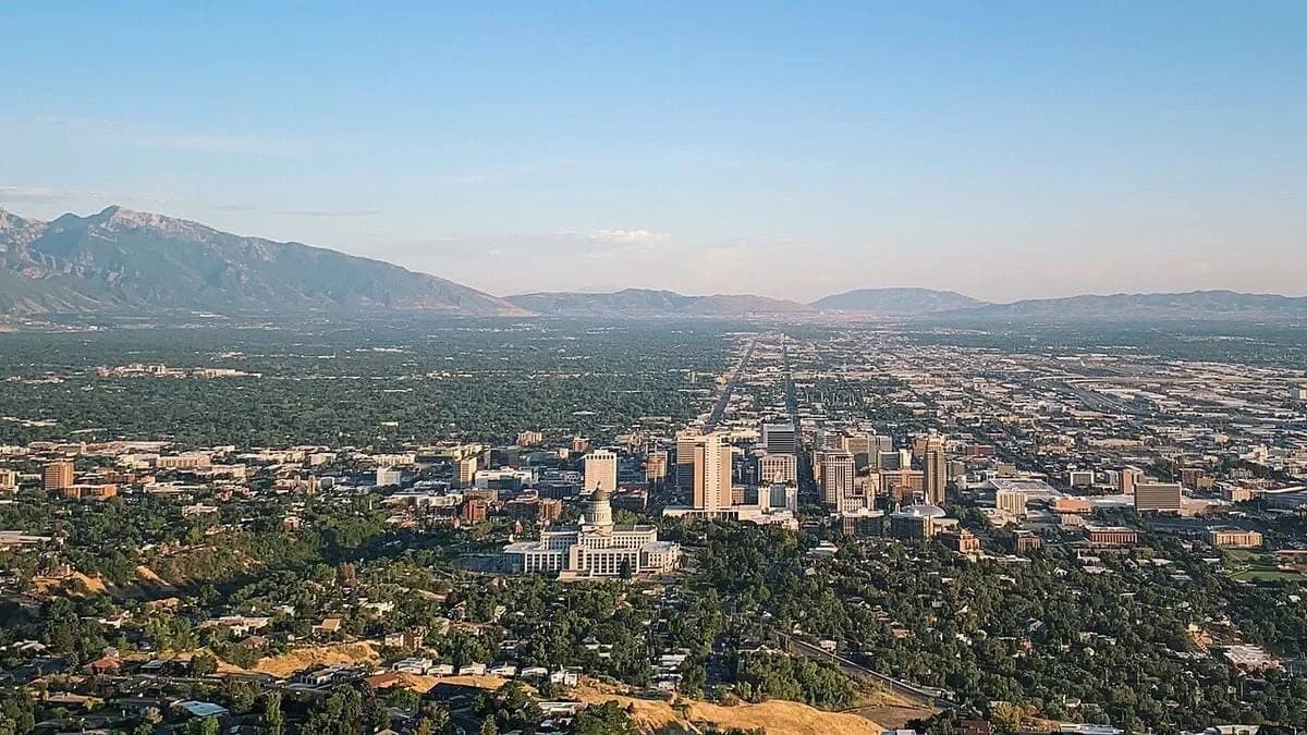 Salt Lake City downtown skyline and Wasatch Mountains viewed from above