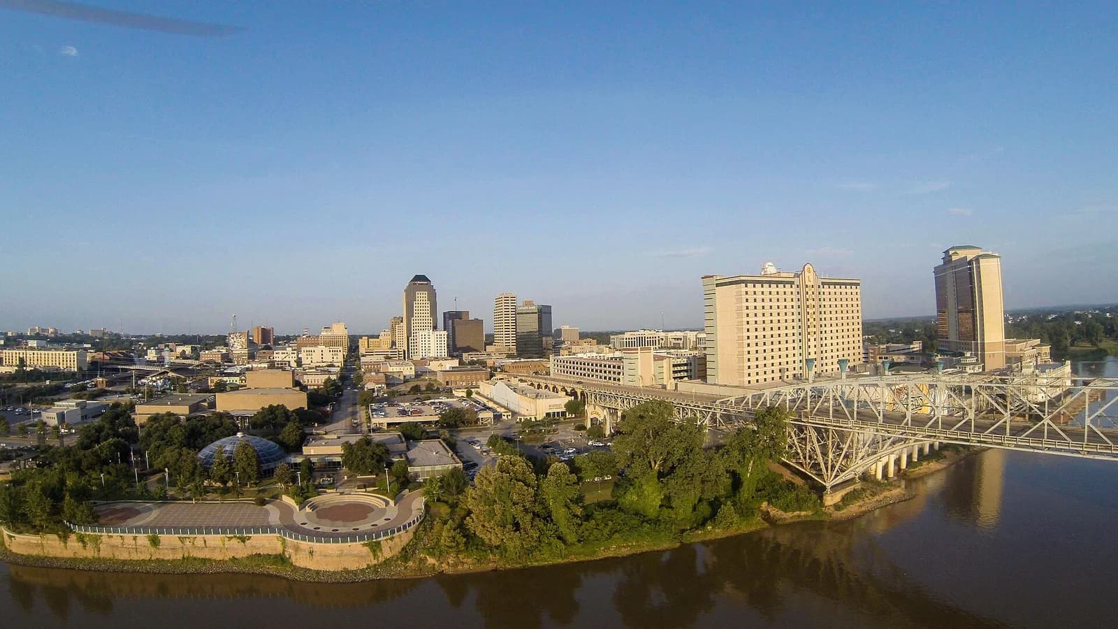 Aerial view of downtown Shreveport, Louisiana and the Texas Street Bridge over the Red River