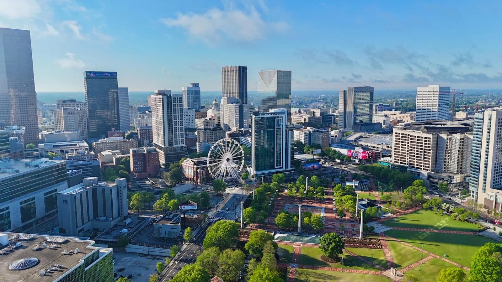 Downtown Atlanta skyline with the SkyView wheel and Centennial Olympic Park