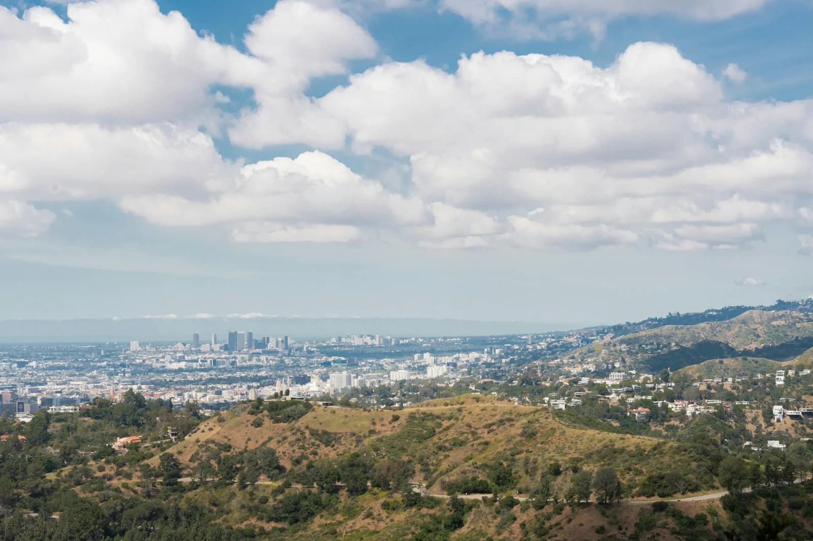 A sweeping view of Los Angeles cityscape from Griffith Park on a sunny day.