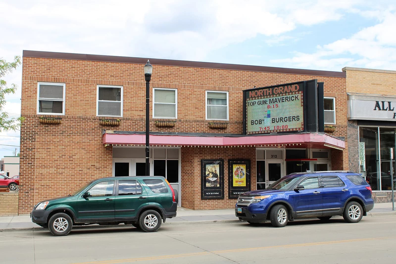 The North Grand Theatre marquee on a downtown Williston, North Dakota business block