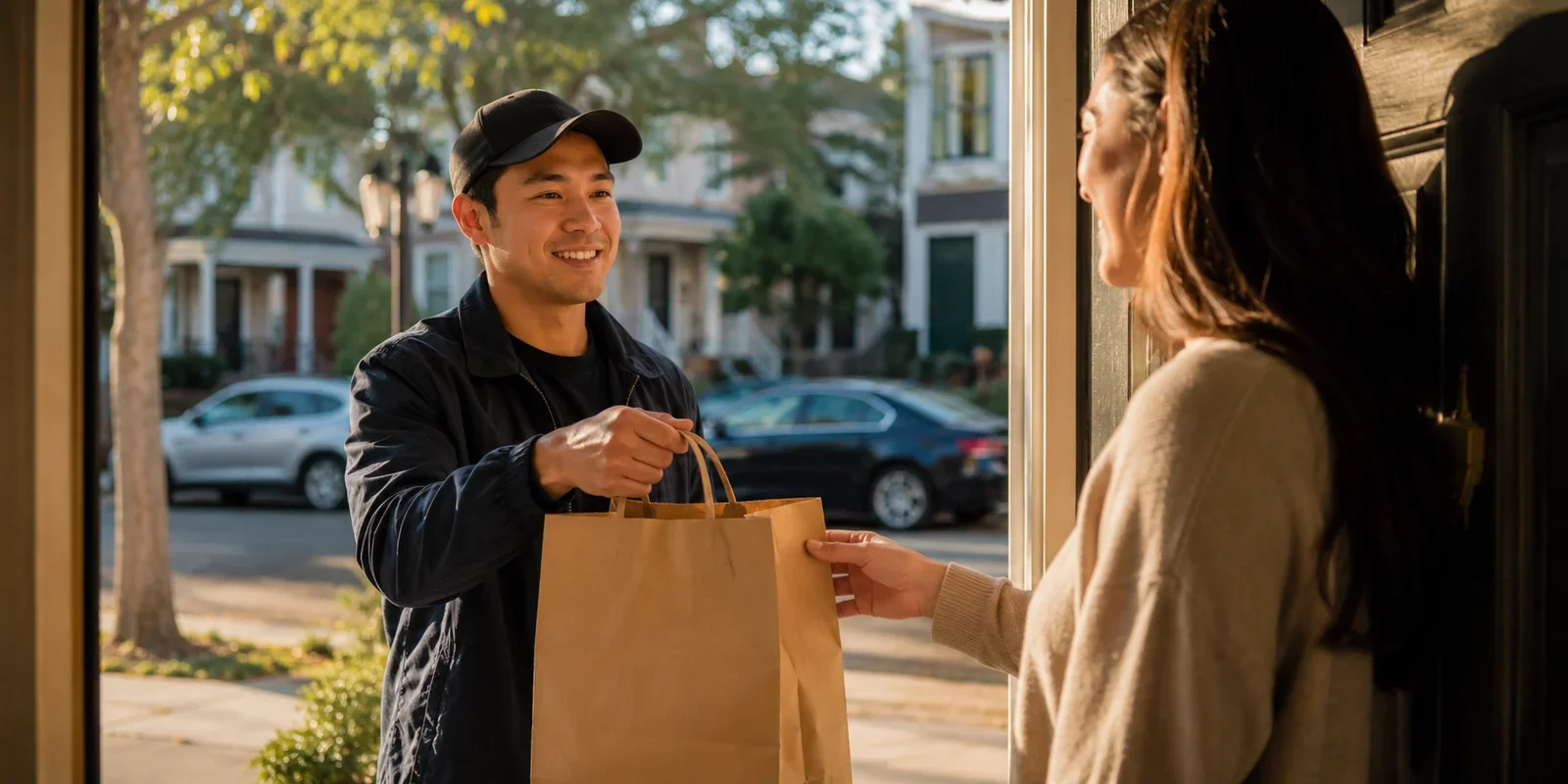 Delivery professional handing a takeout bag to a customer at their front door