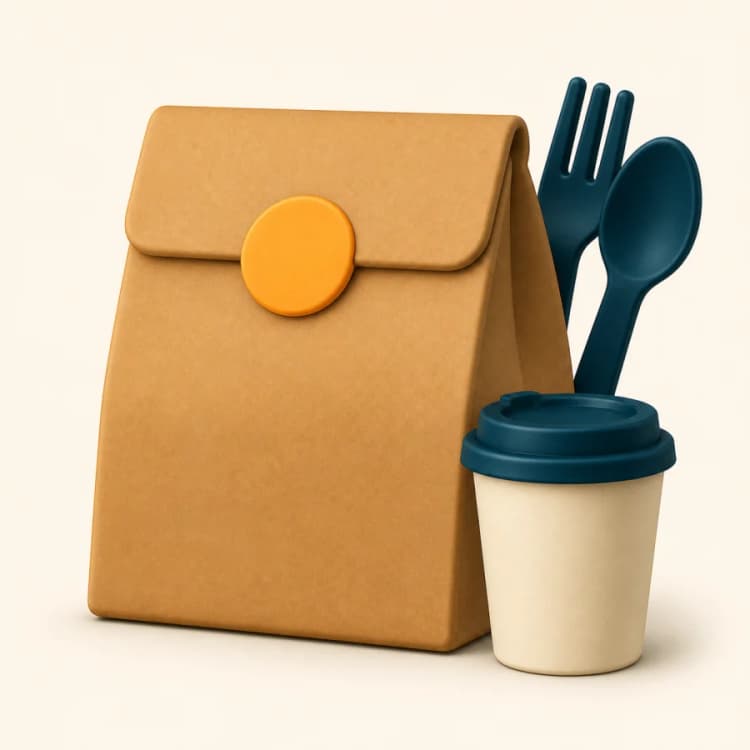 Takeout bag, drink, and utensils representing delivery from any restaurant