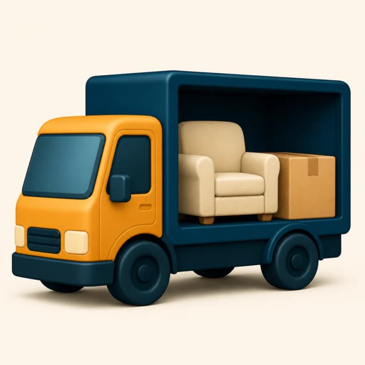 Box truck carrying an armchair and moving box